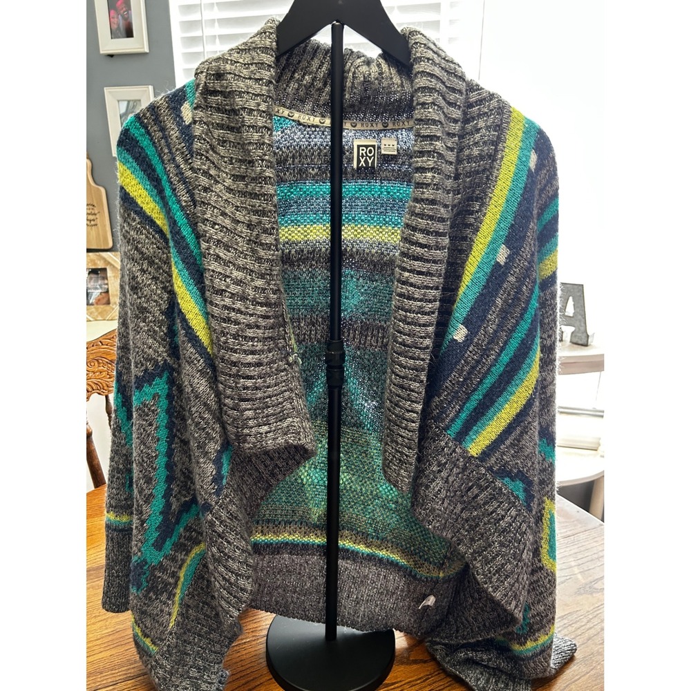 Roxy Womens Southwestern Geometric Open Front Shawl‎ Collar Cardigan Grey Teal M